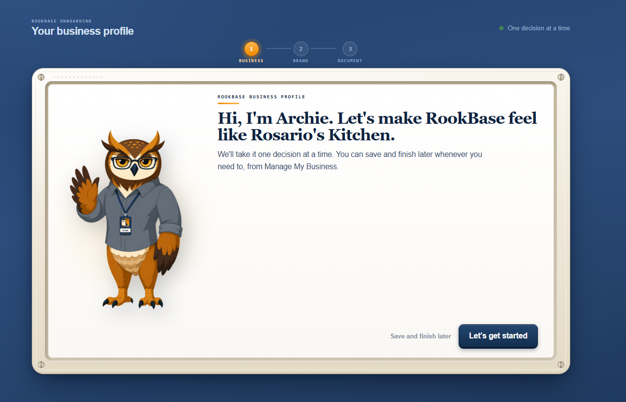 Archie welcoming a new owner during RookBase onboarding
