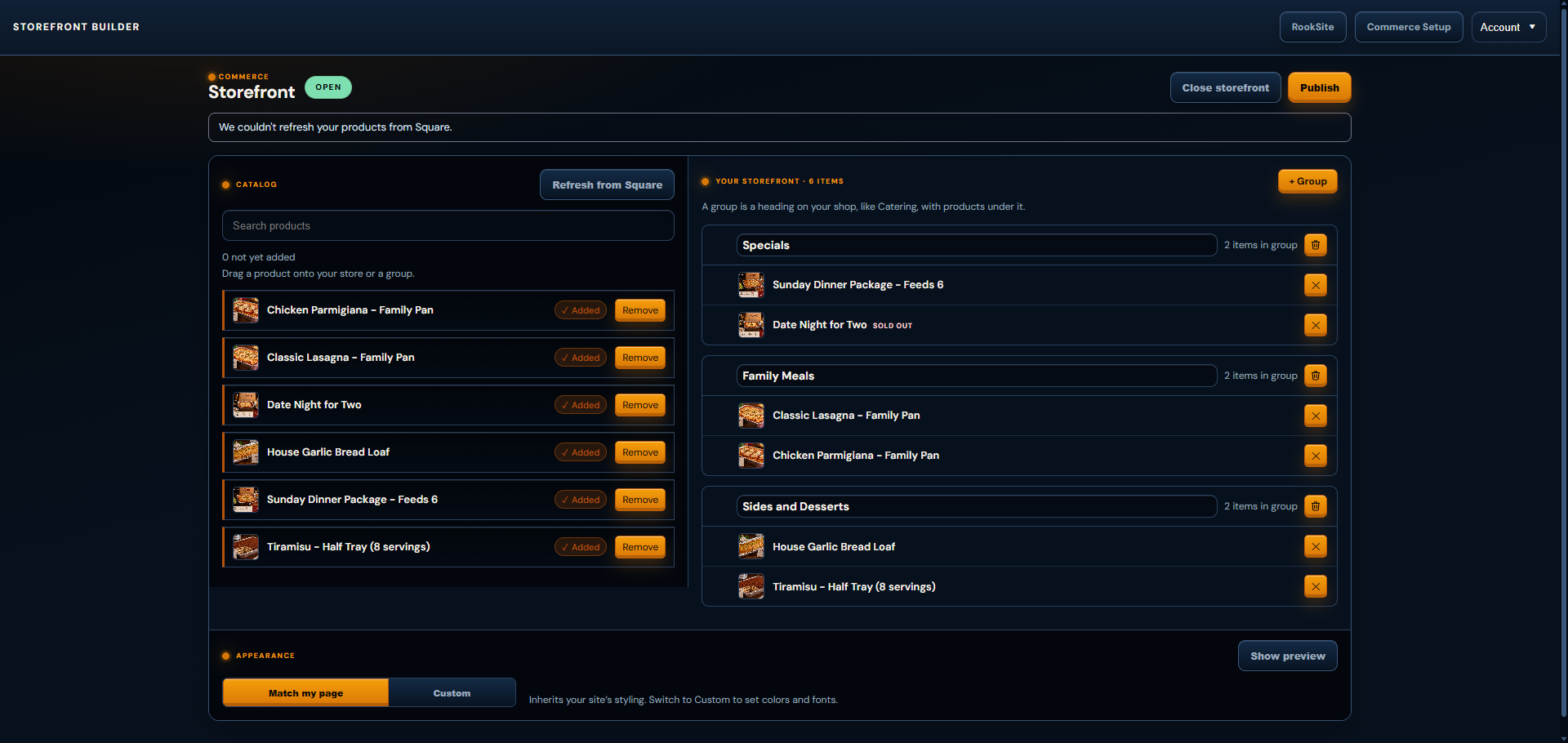 Store Builder with real Square products, prices, and preview